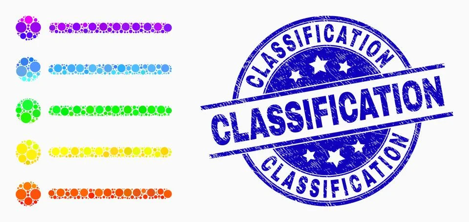 Vector Rainbow Colored Pixel Items Icon and Scratched Classification Watermark Stock Illustration