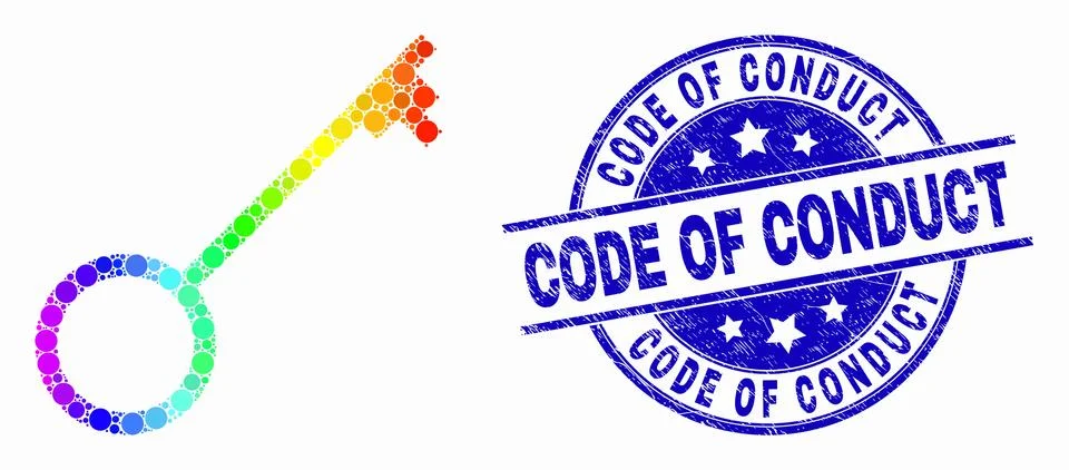 Vector Rainbow Colored Pixel Key Icon and Distress Code of Conduct Watermark Stock Illustration