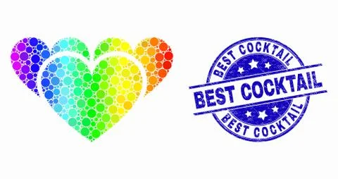 Vector Rainbow Colored Pixel Love Hearts Icon and Scratched Best Cocktail Seal Stock Illustration