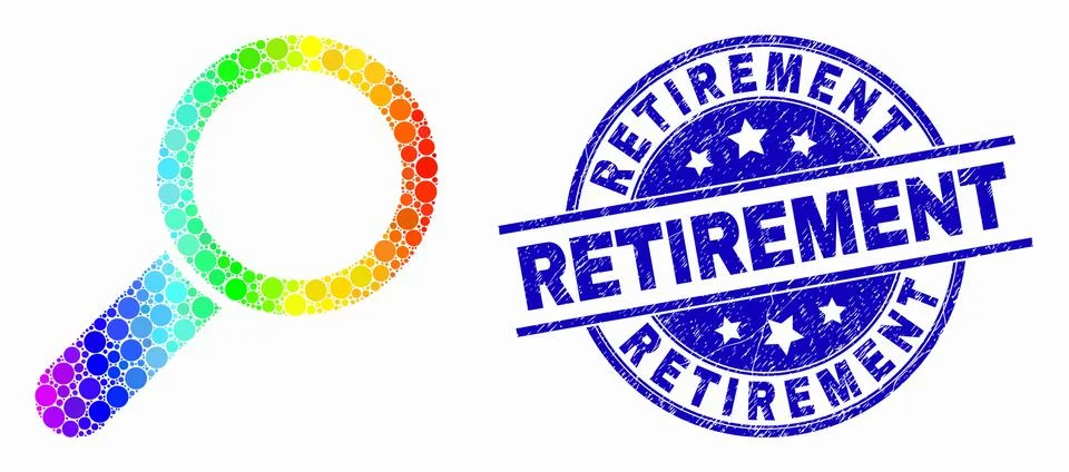 Vector Rainbow Colored Pixel Magnifier Tool Icon and Grunge Retirement Seal Illustrazione stock