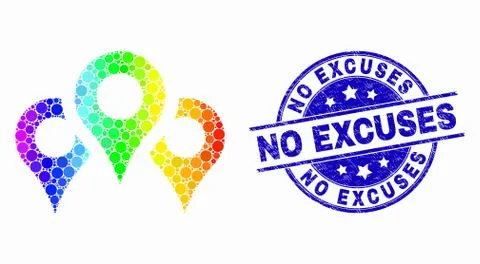 Vector Rainbow Colored Pixel Map Markers Icon and Distress No Excuses Stamp Seal Stock Illustration
