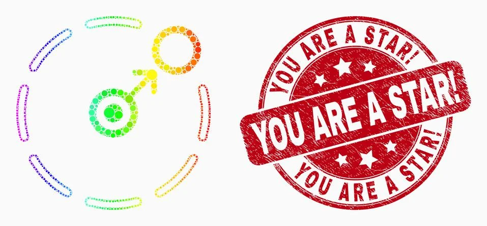 Vector Rainbow Colored Pixel Move to Circle Perimeter Icon and Scratched You Are Stock Illustration