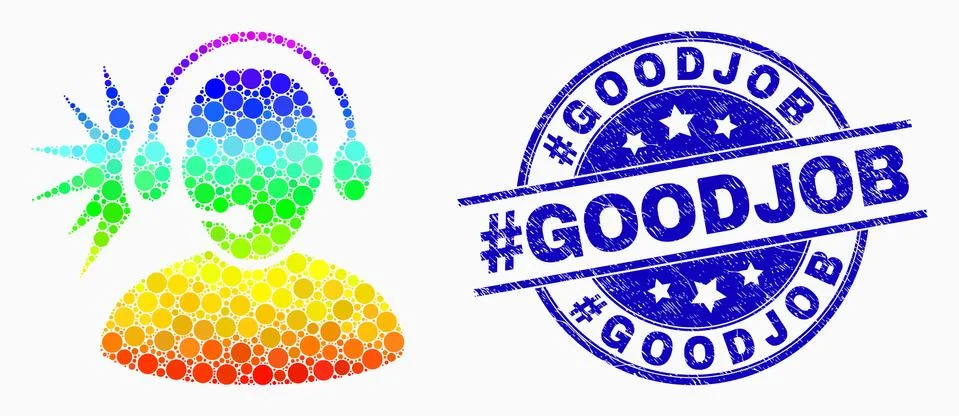 Vector Rainbow Colored Pixel Operator Signal Icon and Grunge #Goodjob Seal Stock Illustration
