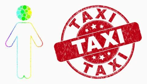 Vector Rainbow Colored Pixel Person Icon and Scratched Taxi Stamp Stock Illustration
