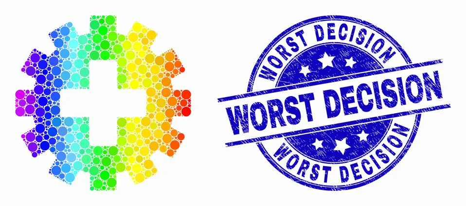 Vector Rainbow Colored Pixel Plus Gear Icon and Grunge Worst Decision Seal Illustrazione stock