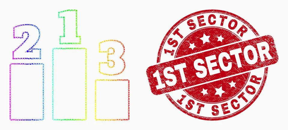Vector Rainbow Colored Pixel Prize Places Icon and Grunge 1St Sector Stamp Seal Stock Illustration