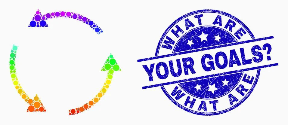 Vector Rainbow Colored Pixel Rotation CCW Icon and Scratched What Are Your Goals Illustrazione stock