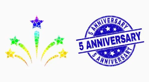 Vector Rainbow Colored Pixel Salute Star Fireworks Icon and Grunge 5 Anniversary Illustrazione stock