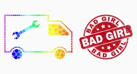 Vector Rainbow Colored Pixel Service Van Icon and Scratched Bad Girl Watermar 库存插图