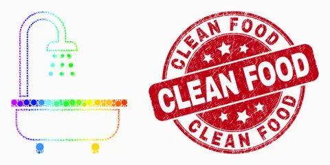 Vector Rainbow Colored Pixel Shower Bath Icon and Scratched Clean Food Stamp Stock Illustration