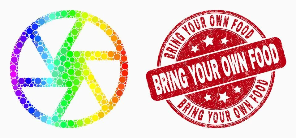 Vector Rainbow Colored Pixel Shutter Icon and Grunge Bring Your Own Food Stamp Stock Illustration