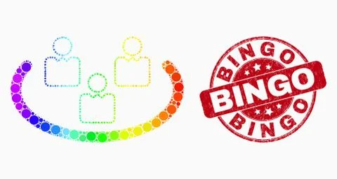 Vector Rainbow Colored Pixel Social Ring Icon and Scratched Bingo Stamp Stock Illustration