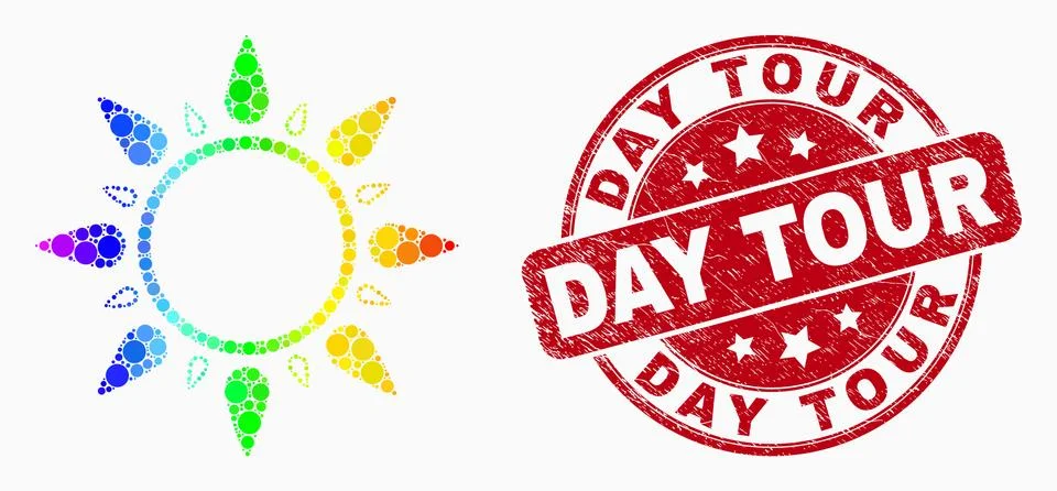 Vector Rainbow Colored Pixel Sun Icon and Scratched Day Tour Stamp Illustrazione stock