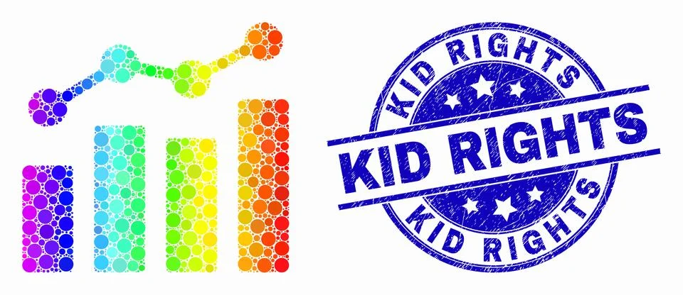 Vector Rainbow Colored Pixel Trend Charts Icon and Scratched Kid Rights Stamp Illustrazione stock