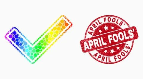 Vector Rainbow Colored Pixel Validated Tick Icon and Scratched April Fools' Seal Illustrazione stock