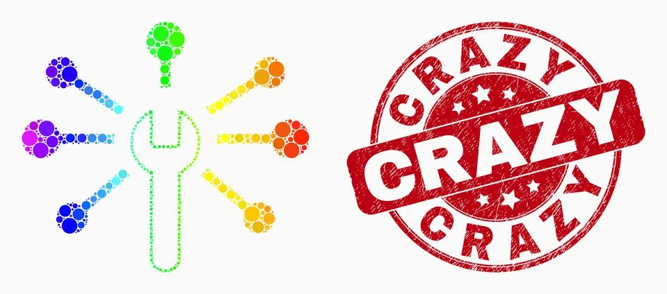 Vector Rainbow Colored Pixel Wrench Links Icon and Scratched Crazy Watermark Stock Illustration