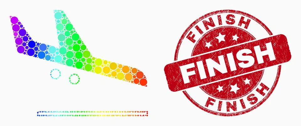 Vector Rainbow Colored Pixelated Airplane Landing Icon and Grunge Finish Stam Stock Illustration