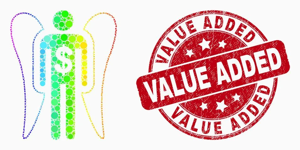 Vector Rainbow Colored Pixelated Angel Investor Icon and Grunge Value Added S Stock Illustration