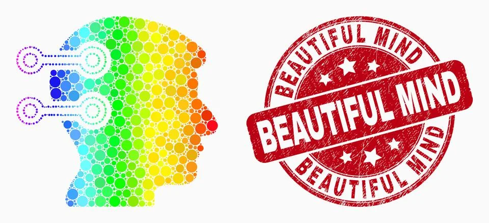 Vector Rainbow Colored Pixelated Brain Interface Links Icon and Scratched Bea Ilustração Stock