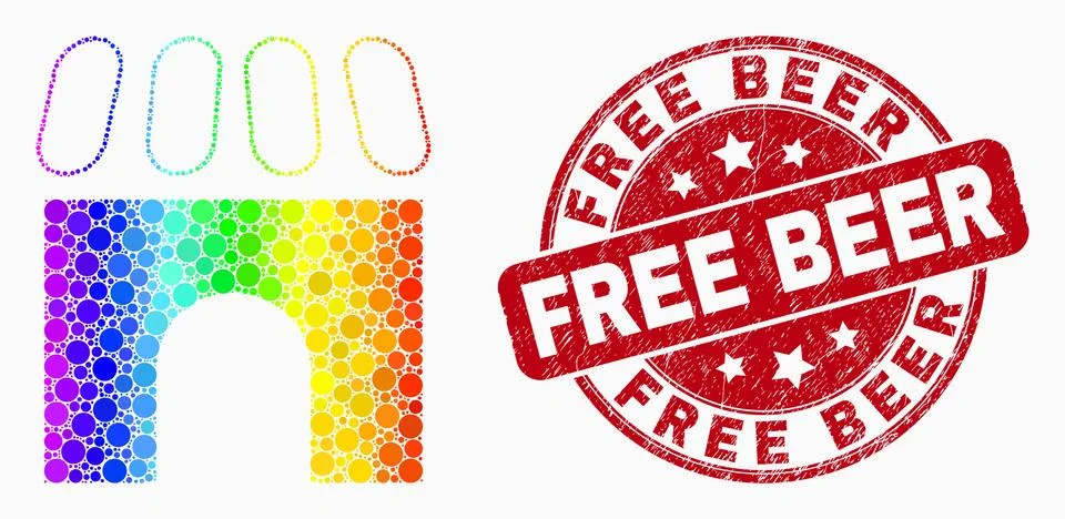 Vector Rainbow Colored Pixelated Building Icon and Grunge Free Beer Seal Ilustración de archivo