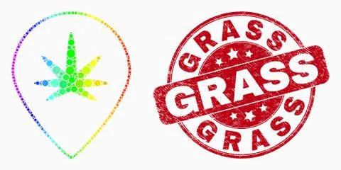 Vector Rainbow Colored Pixelated Cannabis Map Marker Icon and Scratched Grass Illustrazione stock
