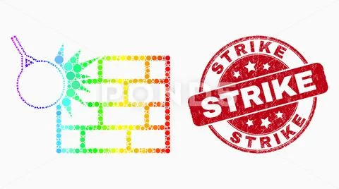 Vector Rainbow Colored Pixelated Crush the Wall Icon and Scratched Strike Stamp Stock Illustrationen