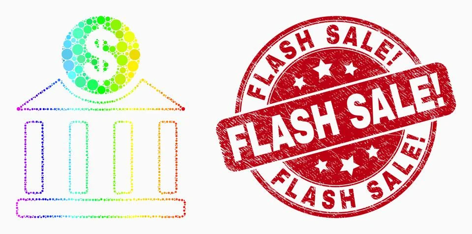 Vector Rainbow Colored Pixelated Dollar Bank Office Icon and Grunge Flash Sal Ilustración de archivo