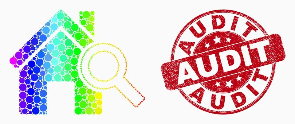 Vector Rainbow Colored Pixelated Explore Realty Icon and Distress Audit Ilustración de archivo