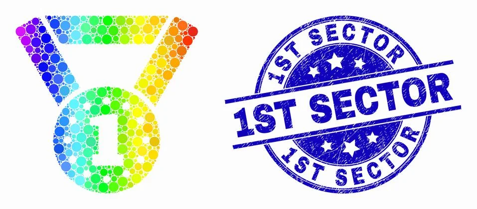 Vector Rainbow Colored Pixelated Gold Medal Icon and Scratched 1St Sector Stock Illustration