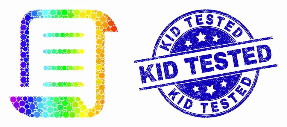 Vector Rainbow Colored Pixelated Scroll List Icon and Grunge Kid Tested Stamp Stock Illustration