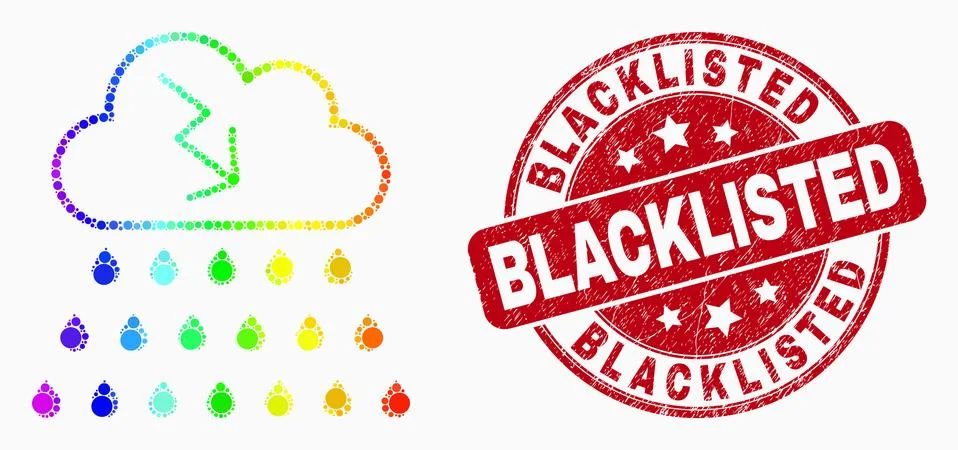 Vector Rainbow Colored Pixelated Storm Cloud Icon and Scratched Blacklisted Seal Stock Illustration