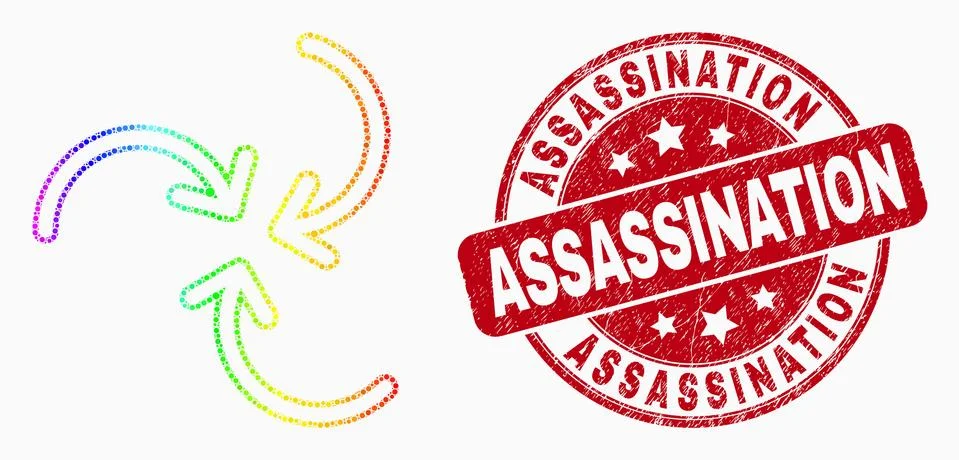 Vector Rainbow Colored Pixelated Swirl Arrows Icon and Grunge Assassination Stock Illustration