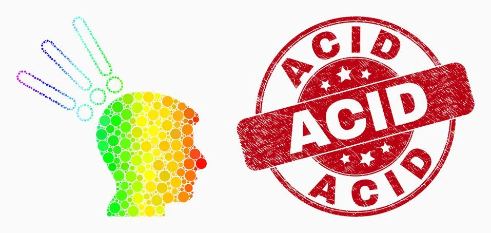 Vector Rainbow Colored Pixelated Test Head Icon and Scratched Acid Watermark Illustration