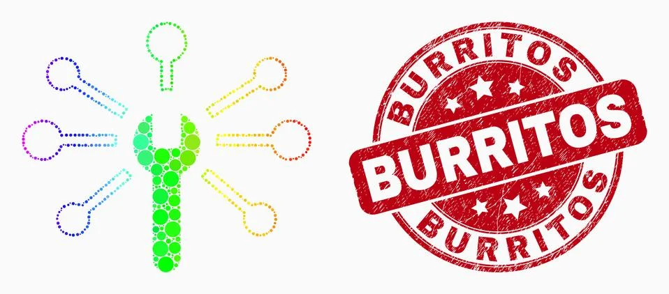 Vector Rainbow Colored Pixelated Wrench Links Icon and Distress Burritos Seal Illustrazione stock