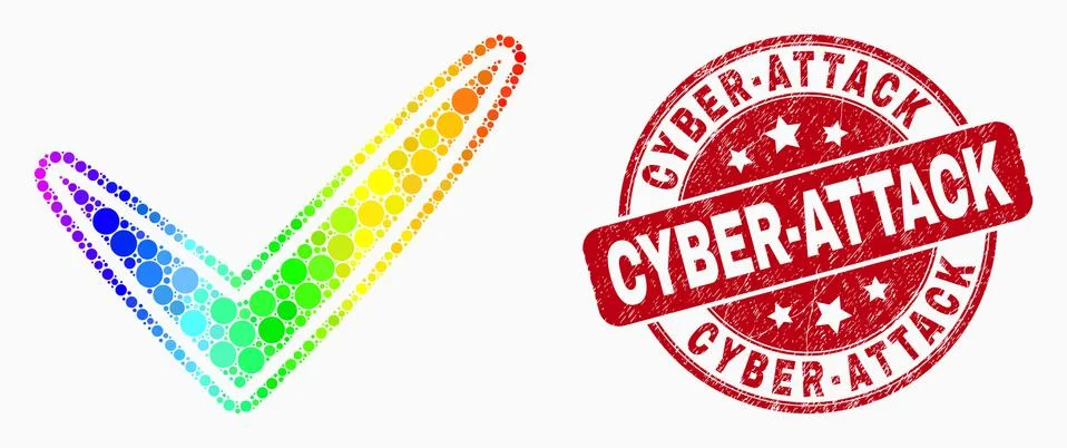 Vector Rainbow Colored Pixelated Yes Tick Icon and Distress Cyber-Attack Stock Illustration