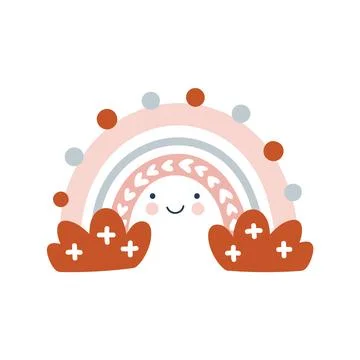 Vector rainbow with face and clouds in cartoon scandinavian style and summer Stock Illustration
