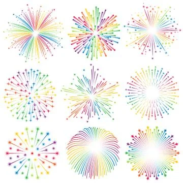 Vector rainbow Fireworks Illustrations set Stock Illustration