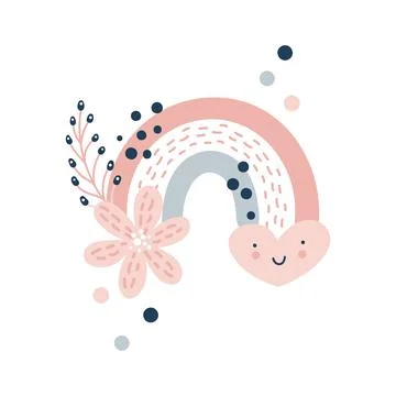 Vector rainbow with heart and rain dots in cartoon scandinavian style and summer Illustrazione stock