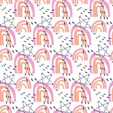 Vector rainbow seamless pattern, minimalistic boho style, hand drawn childish Stock Illustration