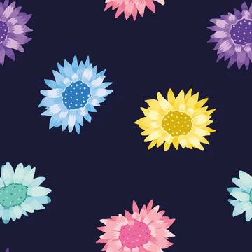 Vector Rainbow Sunflowers on Navy Blue seamless pattern background. Perfect f Stock Illustration