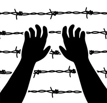 Vector raised hands and barbed wire prison boundary Stock Illustration