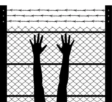 Vector raised hands and barbed wire prison boundary Stock Illustration