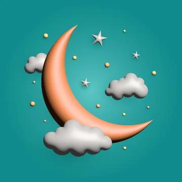 A vector Ramadan 3D crescent moon with stars and clouds Stock Illustration