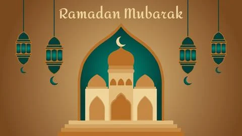 VECTOR RAMADAN MUBARAK WITH GOLDEN MOSQUE BACKGROUND Stock Illustration