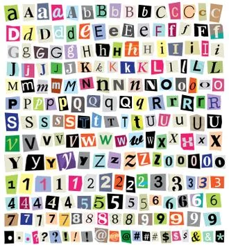 Vector ransom note- cut paper letters, numbers, symbols Stock Illustration