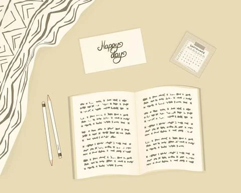 Vector read concept on beige background. Open fictional nonexistent book for  Stock Illustration