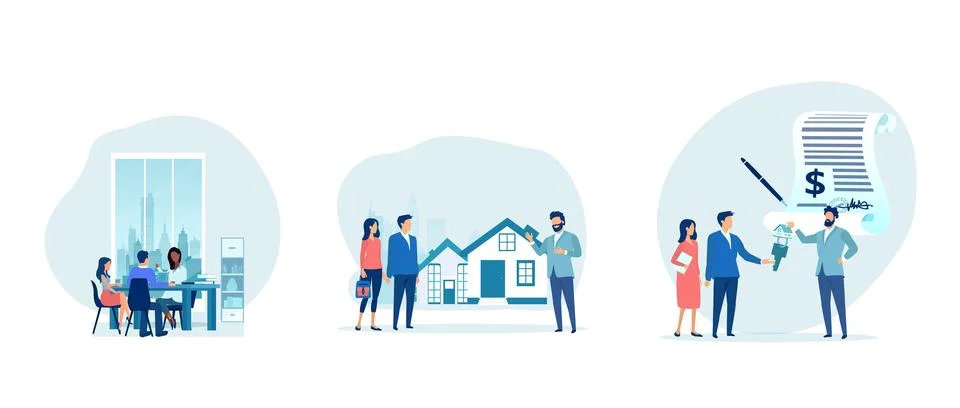 Vector of a real estate agent making a house presentation to a young couple Ilustração Stock