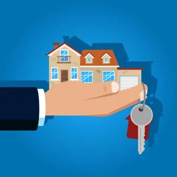 Vector real estate concept in flat style - hands giving keys. Stock Illustration