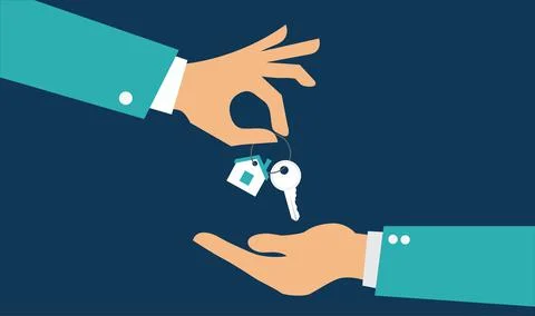Vector real estate concept in flat style - hands giving keys - sell house Stock Illustration
