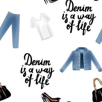 Vector realism pattern with hand drawn realism illustrations modern look jeans Stock Illustration